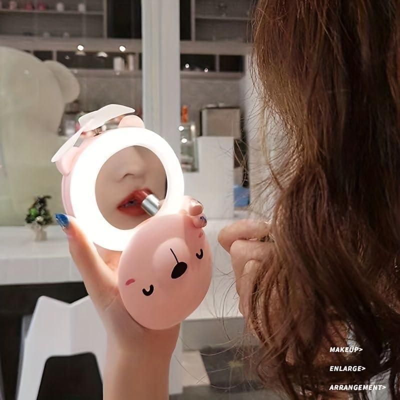 Premium Cartoon Cute Pig LED Lights Mirror Pocket Fan
