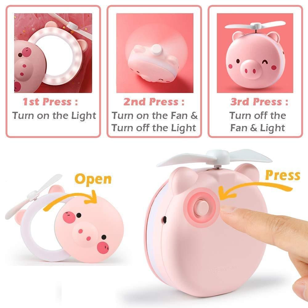 Premium Cartoon Cute Pig LED Lights Mirror Pocket Fan