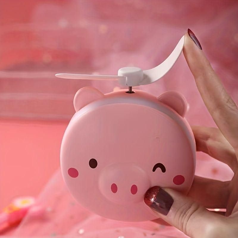Premium Cartoon Cute Pig LED Lights Mirror Pocket Fan