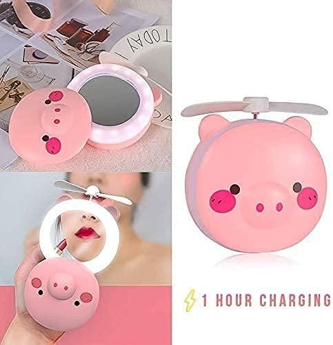 Premium Cartoon Cute Pig LED Lights Mirror Pocket Fan