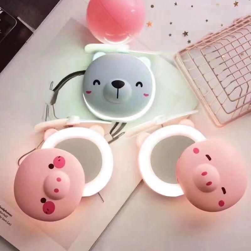 Premium Cartoon Cute Pig LED Lights Mirror Pocket Fan
