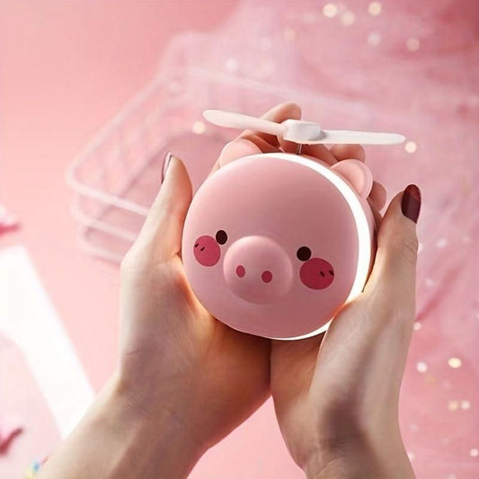 Premium Cartoon Cute Pig LED Lights Mirror Pocket Fan